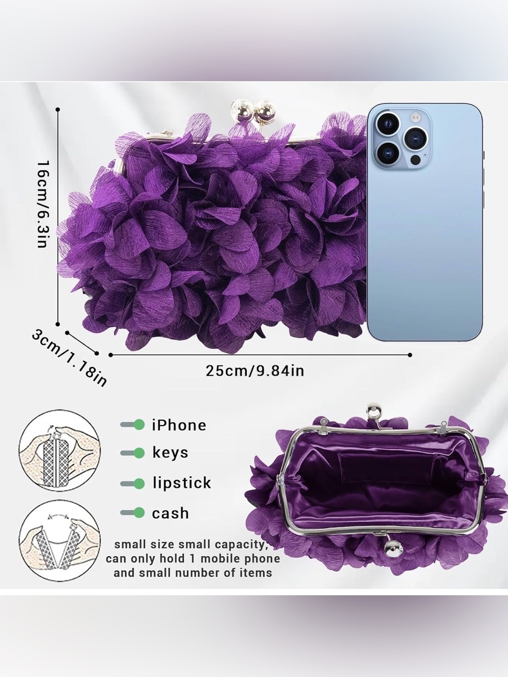 Elegant Purple Floral Appliqué Evening Clutch with Chain Handle - Picture 11 of 13
